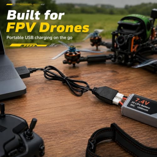 7.4V 1A USB Charging Cable for RC Batteries (2S Lipo), XH-3P Connector, 2-Pack - Works with SCX24, FPV Drones, SplatRBall