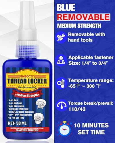 Thread Lock Blue, Threadlocker Medium Strength, Thread Locker for Nuts, Bolts, Fasteners and Metals, Anaerobic Curing Screw Glue to Prevent Loosening (Blue (Removable))