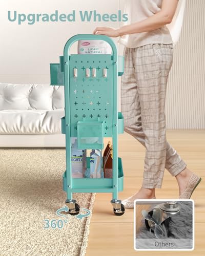 ALVOROG 3 Tier Metal Rolling Utility Cart with Pegboards,Baskets,Hooks,Blue - color: Tiffany Blue