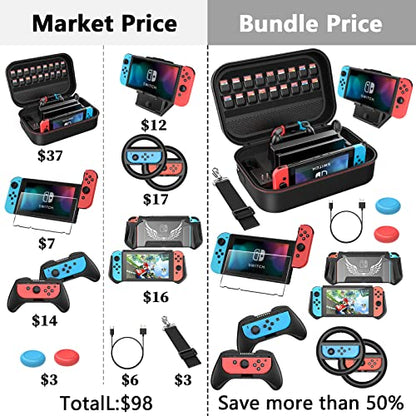 HEYSTOP Switch Accessories Bundle 12 in 1 Compatible with Nintendo Switch, Gift Kit with Carrying Case, Protective Case Cover, Screen Protector, PlayStand, Joycon Grip & More (Black)