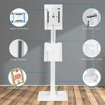 Mount-It! Anti-Theft iPad Tablet Floor Stand Kiosk with Literature Holder - color: White