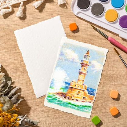 100 Sheets Watercolor Paper 4 x 6 Inch, 300 GSM, Deckle Edge, Ivory - size: 4 x 6inch