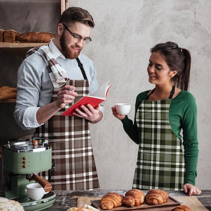 Britimes Apron with Pockets, 32x28 inch, 2 Pack, Checkered - color: Dark Brown Green