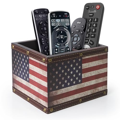 DreamsEden Wooden Remote Control Holder, Leather TV Caddy for Table, Decorative American Flag Organizer Storage Box for Home Office - color: USA Flag