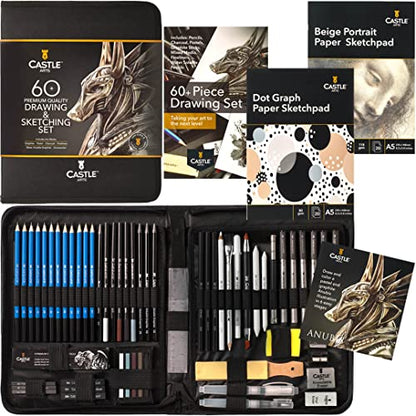 Castle Art Supplies 60 Piece Drawing, Sketching and Charcoal Set for Adults