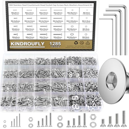 1285 Pieces M2 M2.5 M3 M4 Countersunk Head Socket Cap Screws Nuts Washers Assortment Kit, 304 Stainless Steel, Fully Machine Thread - size: M2 M2.5 M3 M4, style: Countersunk Head Socket Cap