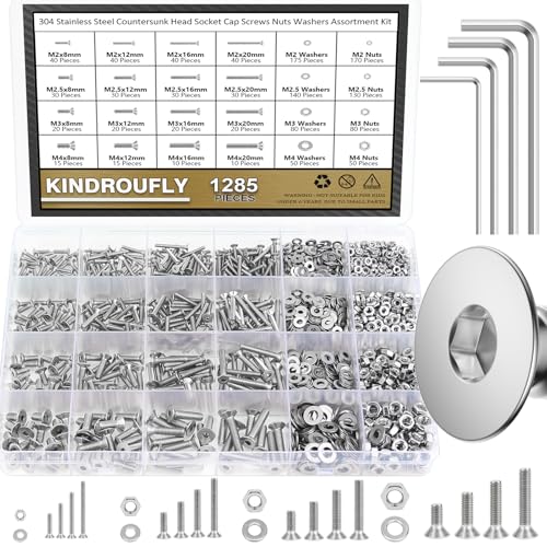 1285 Pieces M2 M2.5 M3 M4 Countersunk Head Socket Cap Screws Nuts Washers Assortment Kit, 304 Stainless Steel, Fully Machine Thread - size: M2 M2.5 M3 M4, style: Countersunk Head Socket Cap