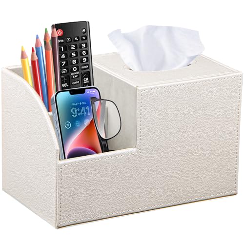PU Leather Square Tissue Box Cover - Multi-Functional Tissue Box Holder - color: Beige White