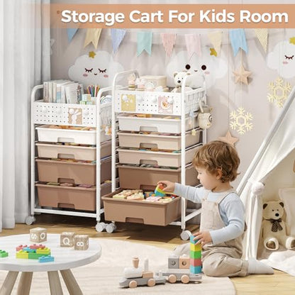 4 Drawer Rolling Storage Cart with Pegboard Top and Hooks, Brown - color: Brown, size: 4-Drawers