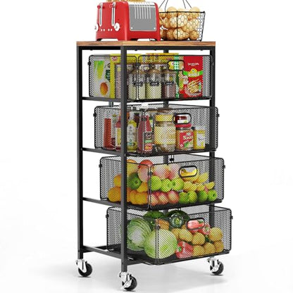 Goovilla Kitchen Cart with Drawers, Lockable Wheels with Wooden Top, Black - size: Black