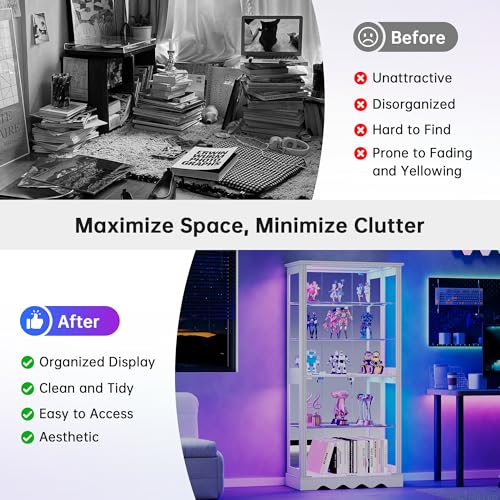 Dystler Display Cabinet with Glass Doors, RGB Lights for Collectibles - color: White