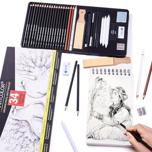 MARTCOLOR Drawing Sketching Pencils Set, 34 Pieces Graphite Pencil (14B-4H)