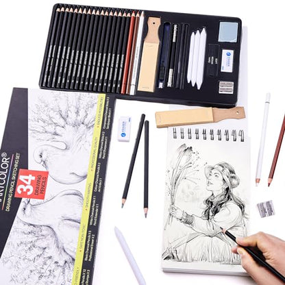 MARTCOLOR Drawing Sketching Pencils Set, 34 Pieces Graphite Pencil (14B-4H)