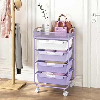 SYKIARIOL 4-Drawer Rolling Storage Cart with Mesh Top,Purple - color: Purple