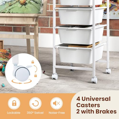 RELAX4LIFE 4-Drawer Rolling Storage Cart w/Lockable Wheels(White) - color: White, size: 28”H