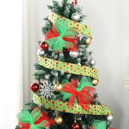 Unittype 5 Rolls Christmas Mesh Ribbon for Wreaths,Red, Green,Polka Dot