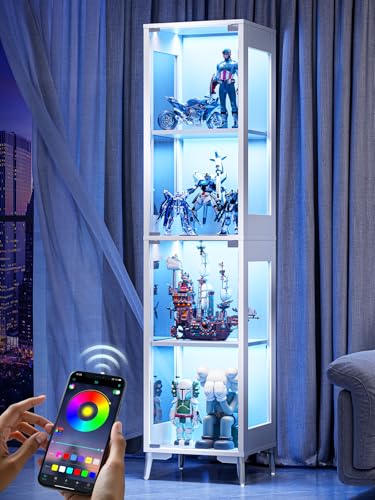 Glass Display Cabinet, 4-Tier Curio Cabinet, Adjustable Shelves, 60,000 Color Lights for Collectibles, Storage Cabinet with Door, Glass Display Case & Bookcase, App & Remote Control, White - color: White & Single Door