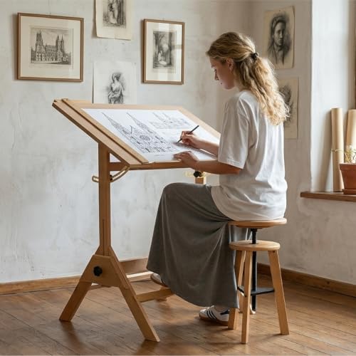 MEEDEN Wood Drafting Table & Stool: 35.5" x 23.5" Art Desk and Stool Set - color: Natural Table & Stool