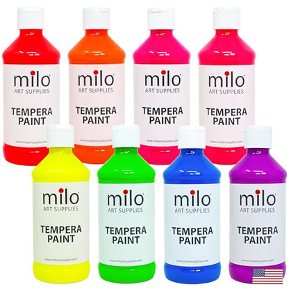 milo Fluorescent Washable Tempera Paint Set, 8 Neon UV Colors, 8 oz Bottles - style: Fluorescent Tempera 8 x 8 oz Bottles