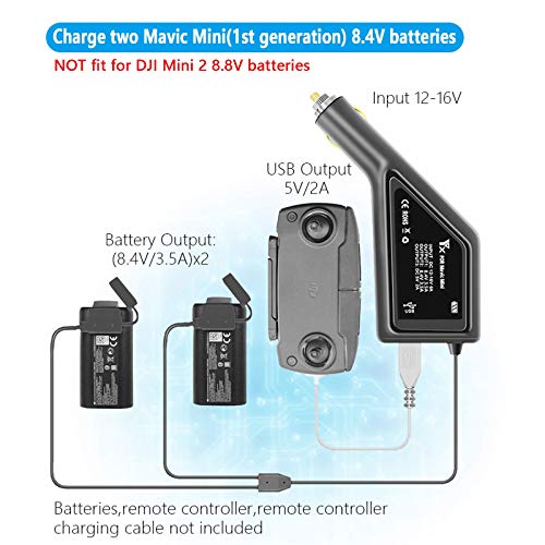 Hanatora Battery Car Charger for DJI Mavic Mini(1st Generation),Triple Output (2 x Battery+USB),Multi Rapid Drone Charging Hub