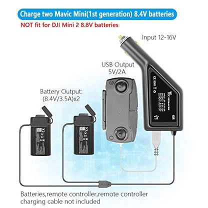 Hanatora Battery Car Charger for DJI Mavic Mini(1st Generation),Triple Output (2 x Battery+USB),Multi Rapid Drone Charging Hub