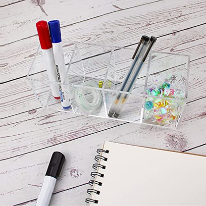QPEY Acrylic Pen Holder 4 Compartments,Clear Pen Holder Makeup Brush Holder