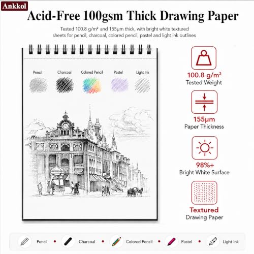 Ankkol Sketch Book 9x12, Top Spiral Bound Sketchbook,100 Sheets_68lb/100gsm