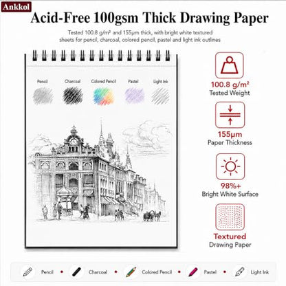 Ankkol Sketch Book 9x12, Top Spiral Bound Sketchbook,100 Sheets_68lb/100gsm