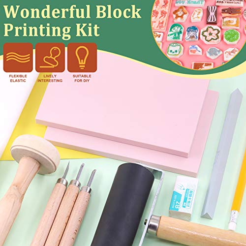 Keadic 41 Pieces Rubber Stamp Making Kit, Includes 2 Rubber Stamps Carving Blocks, 3 Carving Tools & Whetstone, Tracing Papers, Brayer Roller, Block Printing Tools for Stamp Carving and Printmaking
