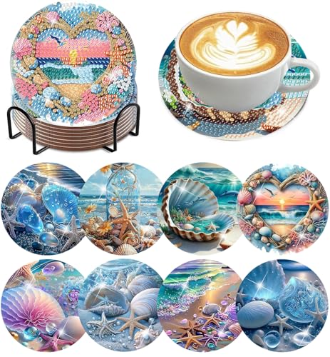Ekuxom 8 PCS Beach Diamond Art Coasters Kits with Holder - color: Beach-2