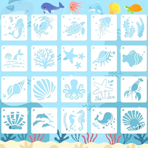 JULMELON 20 Pcs Summer Beach Stencils for Painting Ocean Sea Creatures - style: Sea Life Stencils