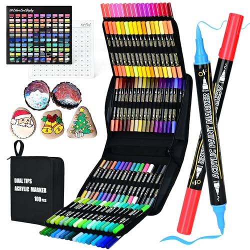 100-Pack Acrylic Paint Pens, Dual Tip with Brush & Fine, Carrying Case - color: 12 Metallic & 88 Regular Colors