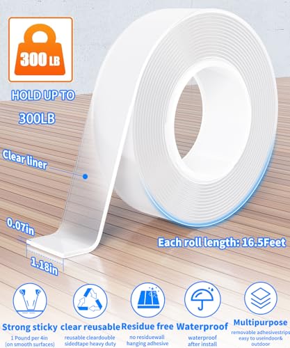 Double Sided Tape Heavy Duty Removable, Clear Nano Mounting Tape, 16.5FT - size: 16.5 FT