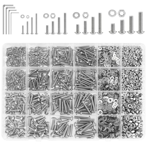 1285 Pieces M2 M2.5 M3 M4 Button Head Socket Cap Screws Nuts Washers Assortment Kit, 304 Stainless Steel, Fully Machine Thread - size: M2 M2.5 M3 M4, style: Button Head