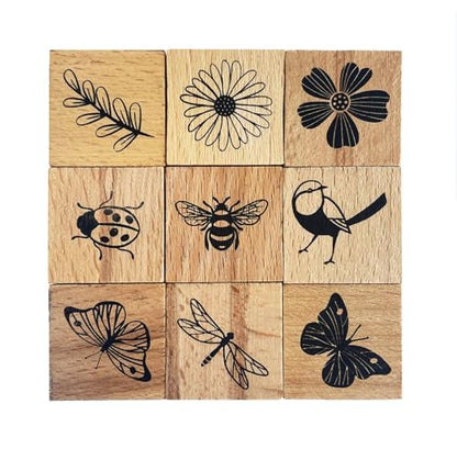9Pcs Vintage Wood Stamp Set, Butterfly Bird & Floral for Crafts