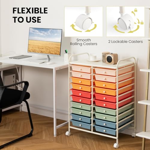 DREAMADE Rolling Cart With Storage Drawers, Utility Cart With Removable Plastic Drawers, Lockable Wheels for Classroom Organization, Art Supplies, Office, Scrapbook (20 Drawers, Macaron) - color: Macaron, style: 20 Drawers