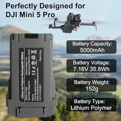 2 Pack Mini 5 Pro Battery, 5000mAh Intelligent Flight Battery Plus for DJI Mini 5 Pro Drone, 52 Mins Max Flight Time, 35.8Wh 7.16V Replacement Battery