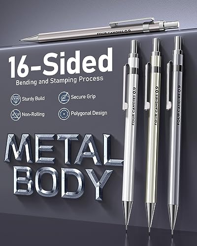Mechanical Pencil Set, 0.9mm 4-Pack with Case, Metal Body, Break-Resistant - style: 0.9MM