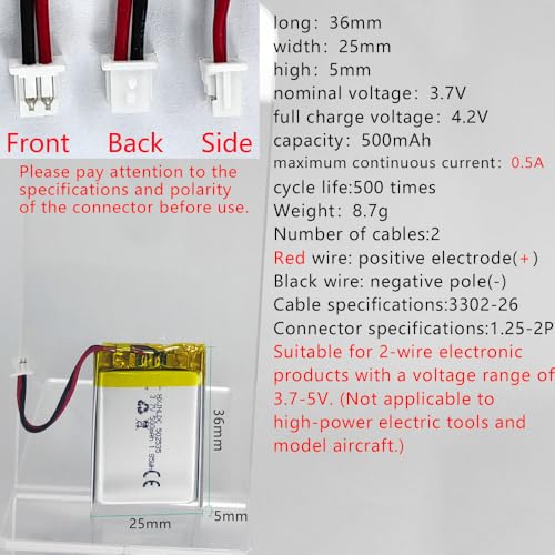 DC 3.7V 500mAh 502535 Rechargeable Lithium Polymer Battery, Suitable for DIY 3.7-5V Electronic Products with Built-in 2-Wire Battery Replacement and LED Lights