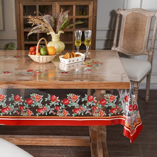 ARTABLE Clear Vinyl Tablecloth Pomegranate Floral Print Wipeable 52x70 Inch - color: Pomegranate, size: 70" x 52" (Rectangular)