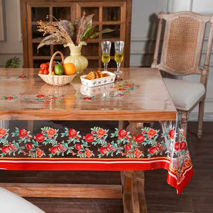 ARTABLE Clear Vinyl Tablecloth Pomegranate Floral Print Wipeable 60x84 Inch - color: Pomegranate, size: 84" x 60" (Rectangular)