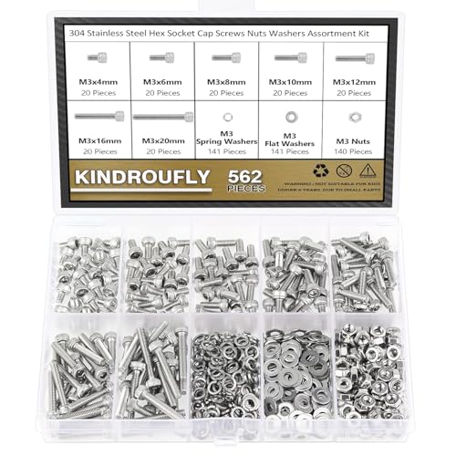 562 Pieces M3 x 4/6 /8/10 /12/16 /20mm Hex Socket Head Cap Screws Nuts Washers Assortment Kit, 304 Stainless Steel, Fully Machine Thread - size: M3, style: Socket Head