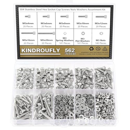 562 Pieces M3 x 4/6 /8/10 /12/16 /20mm Hex Socket Head Cap Screws Nuts Washers Assortment Kit, 304 Stainless Steel, Fully Machine Thread - size: M3, style: Socket Head