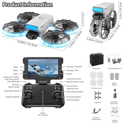 foldable mini drone, high-definition camera drone, quadcopter aircraft, 2.4-inch foldable remote control, 2 batteries and carrying case - safety propeller protection device, equipped with LED body light, weighing less than 250 grams, lightweight and porta