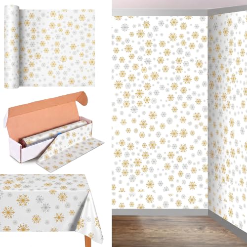 Oudain 54 Inch x 100 ft Golden Silver Snowflake Tablecloth Roll Cutter Box - style: Golden Snowflakes
