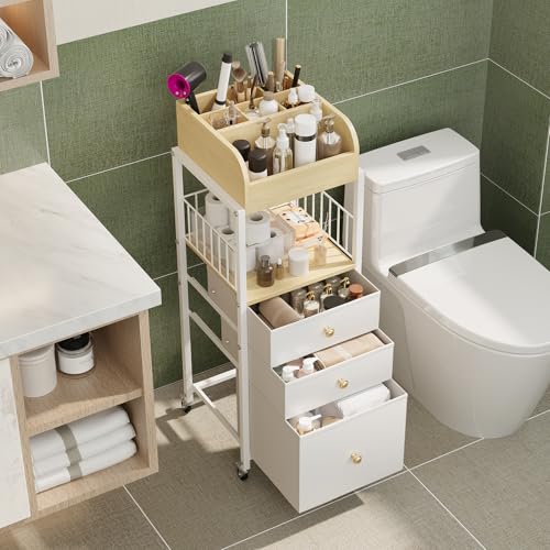 Makeup Organizer Cart with Drawers Rolling Makeup Cart for Bedroom - color: White