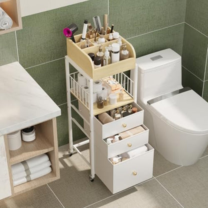 Makeup Organizer Cart with Drawers Rolling Makeup Cart for Bedroom - color: White