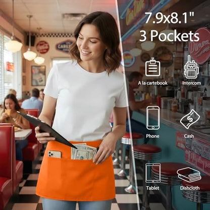 BOHARERS Waist Apron with 3 Pockets - Orange Waitress Waiter Server Short Apron - color: 1 Pack Orange