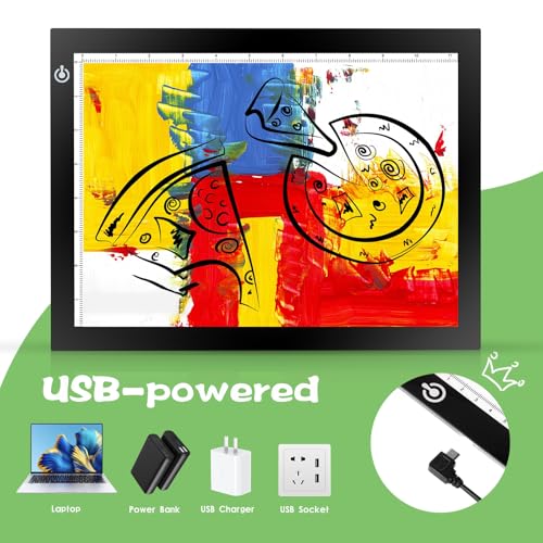 KIVOTAC 9x12 Inch LED Light Pad, Ultra-Thin USB Powered Bright Light up Box Adjustable Light Table for Drawing, Weeding Vinyl, Diamond Art, Sketching, Tracing and Animation - size: A4 USB Powered
