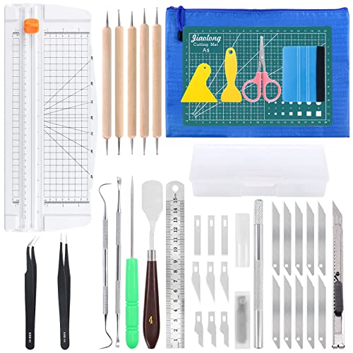 Keadic 31Pcs Professional Model Tools Compatible with Vinyl Weeding Tool Includes Paper Trimmer Cutting Board Utility Knife with Blades, Hobby Building Tools Craft Set